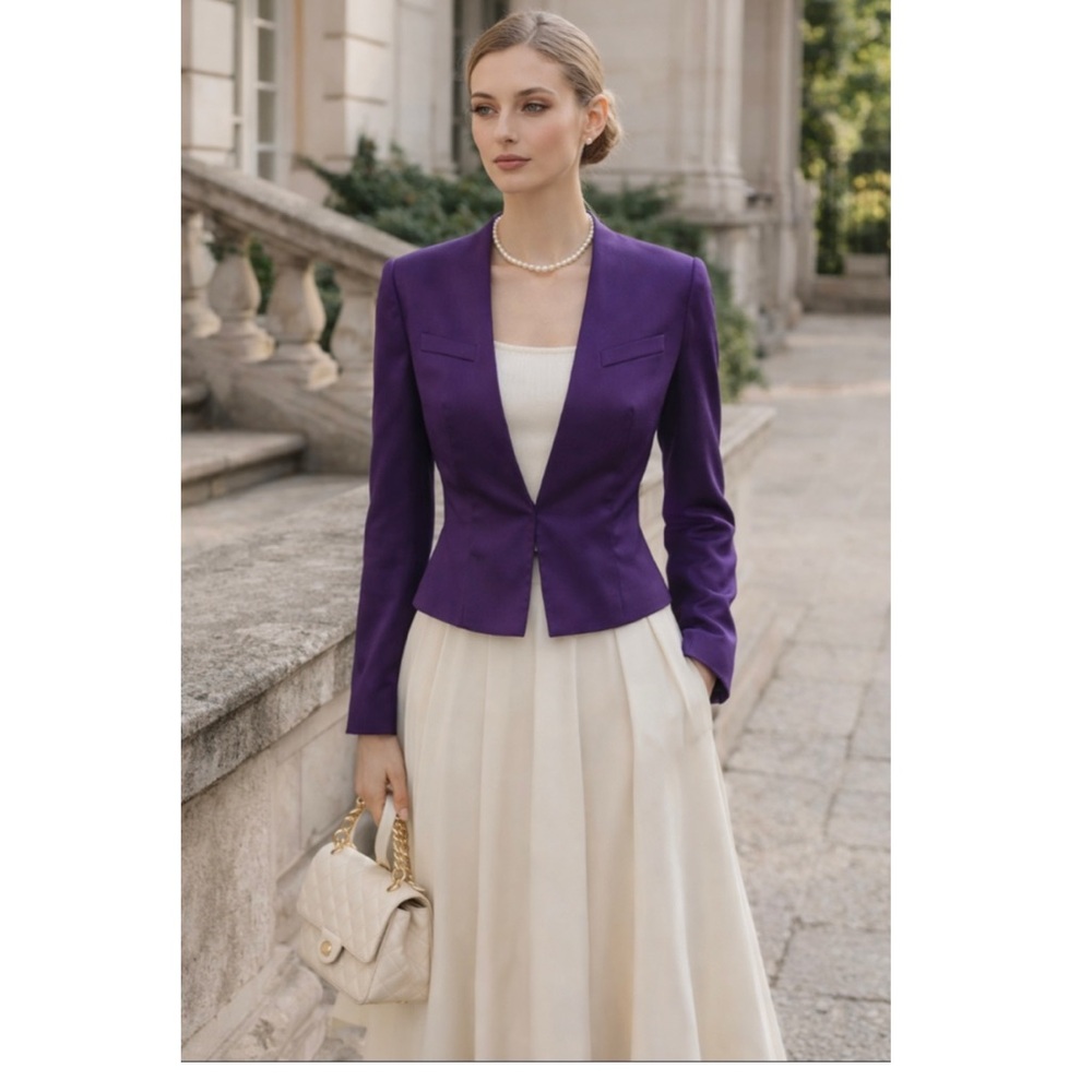 🎯 Vintage Purple Escada Cropped Wool / Mohair Blazer Jacket European Chic M - Picture 2 of 11
